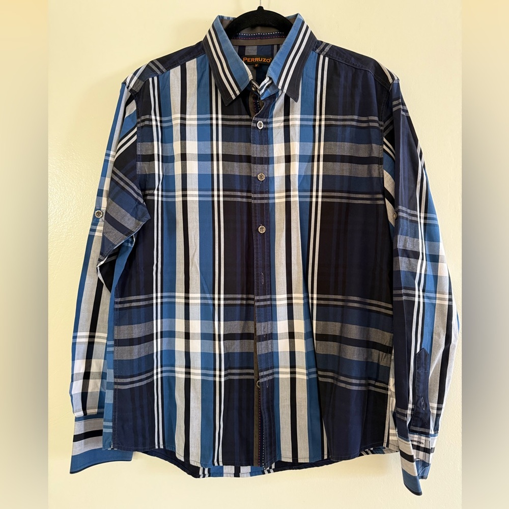 Men's Plaid Button-Down Shirt - Navy and Light Blue